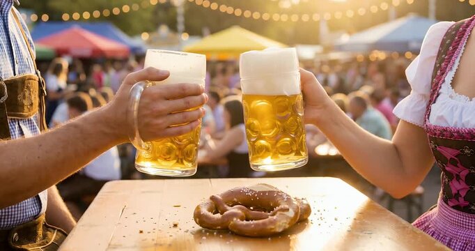 A man and woman in traditional attire toasting with beer mugs at an outdoor festival with a pretzel on the table.