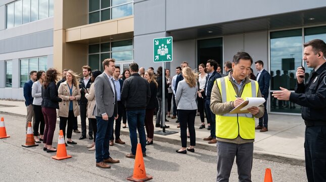 Large group of diverse office employees gathering at a designated assembly point sign outside a commercial building for emergency evacuation, fire drill and safety training