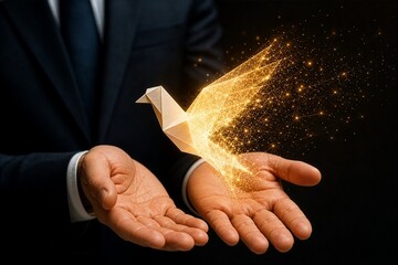 Man in suit holds glowing origami bird