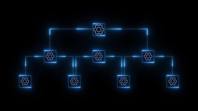 Dual Neon Red and Blue Digital Organizational Chart with gear Icons organization chart hierarch 4k motion video isolated on black background.