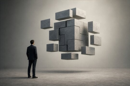 Businessman looking at a floating concrete block puzzle