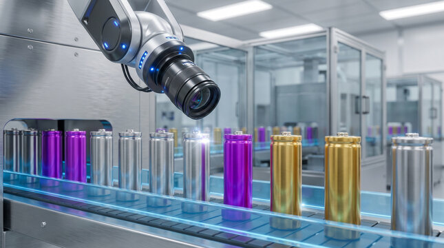 Robotic arm with vision system inspecting various colored cylindrical batteries on an automated production line in a modern factory