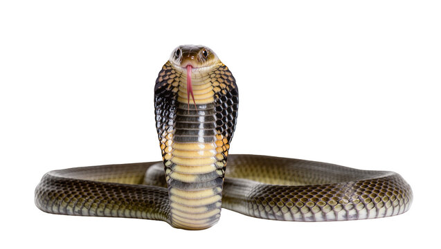 King cobra snake with hood flared and tongue flicking, isolated on transparent background