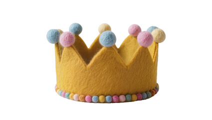 Yellow felt crown with pastel pom-poms, isolated on transparent background