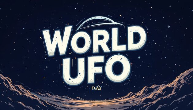 World UFO Day typography design with flying saucer and alien landscape