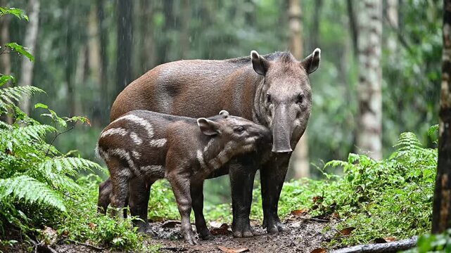 Tapir Mother Standing Protectively Between Camera And Calf In Lush Rainforest Setting, Capturing Bond And Natural Beauty