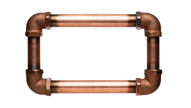 Rectangular frame made of copper pipes and fittings, isolated on transparent background