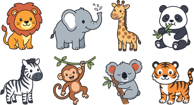Cute Cartoon Safari Animal Collection Featuring Lion, Elephant, Giraffe, Panda, Zebra, Monkey, Koala and Tiger Characters
