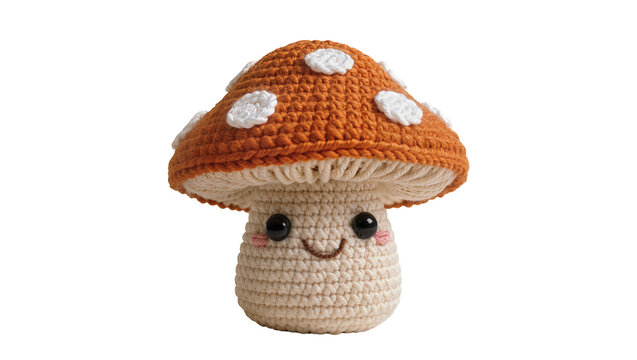 Cute crocheted mushroom toy with smiling face, isolated on transparent background