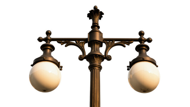 Ornate bronze double lamppost with white globes, isolated on transparent background
