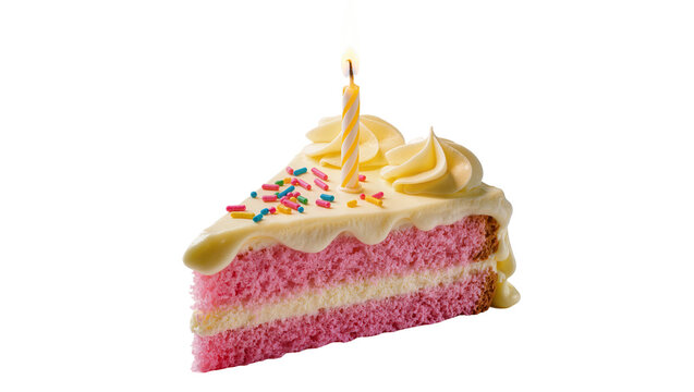 Pink layered cake slice with yellow frosting sprinkles and candle, isolated on transparent background