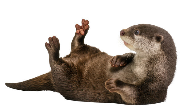 Small otter lying on its back paws up, isolated on transparent background