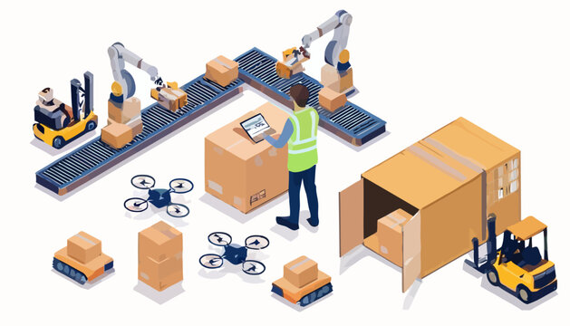 Warehouse worker managing automated logistics and delivery system with robots and drones