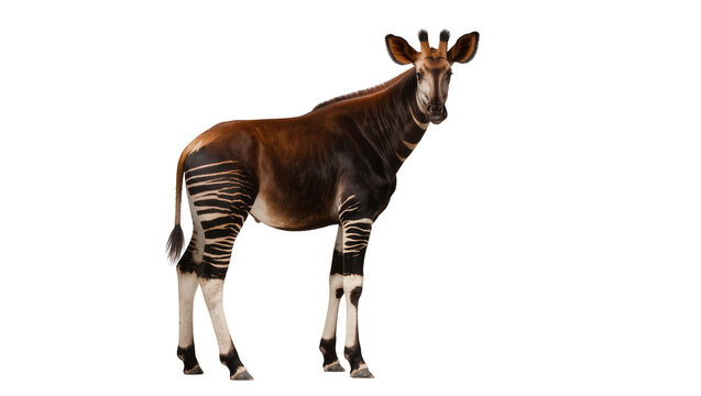 Okapi with zebra-like stripes on legs, isolated on transparent background