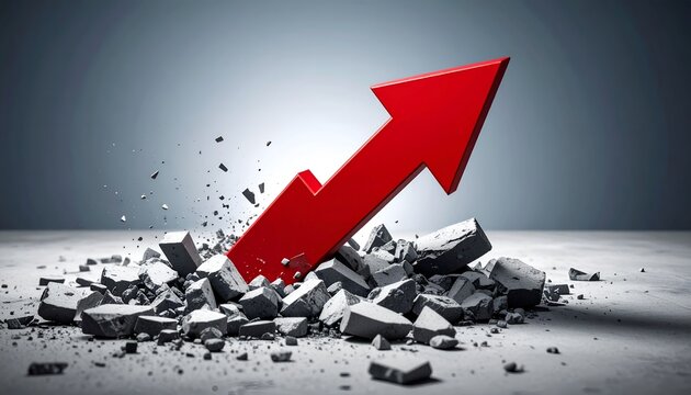 Bold red arrow pierces shattered gray blocks. Impact creates dynamic, powerful visual statement