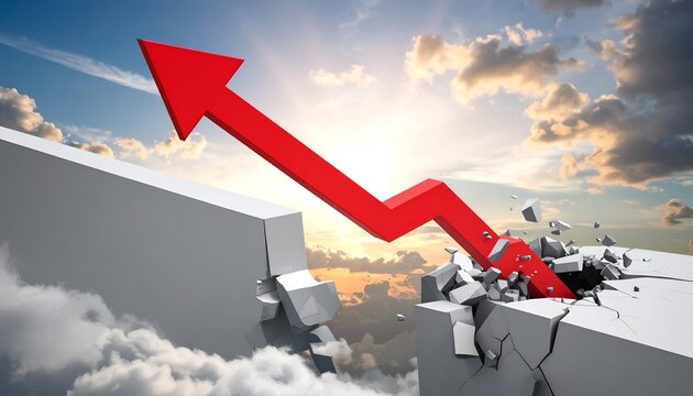 Red arrow breaks through a crumbling cliff. Clouds swirl beneath the broken surface