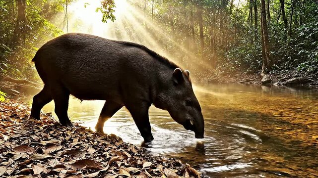 Tapir Stepping From Dry Leaves Into A Cool Stream Surrounded By Lush Forest And Sunlight Beams In A Tranquil Ecosystem