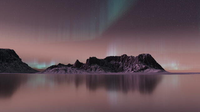 Magical Sky with Aurora and Stars. Green Northern Lights Wallpaper with copy-space.