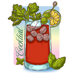 Niocte Classic bloody mary cocktail banner with celery stalk, olives and lemon slice, cute cartoon doodle vector illustration © Patharakan
