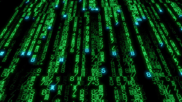 Dynamic Green and Blue Pixelated Character Array on Dark Background - High-Detail Digital Matrix for Technology, Cybersecurity, and Digital Communication Projects