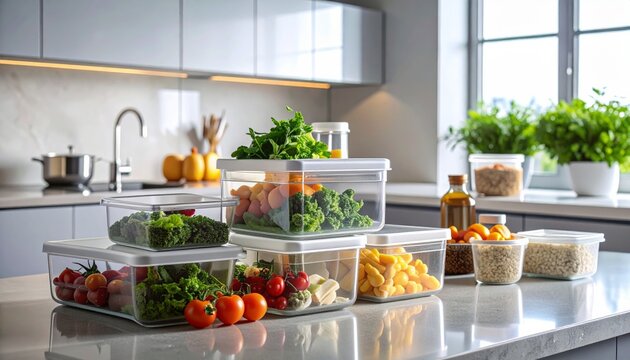 Modern kitchen interior with a table and fresh fruits and vegetables on display