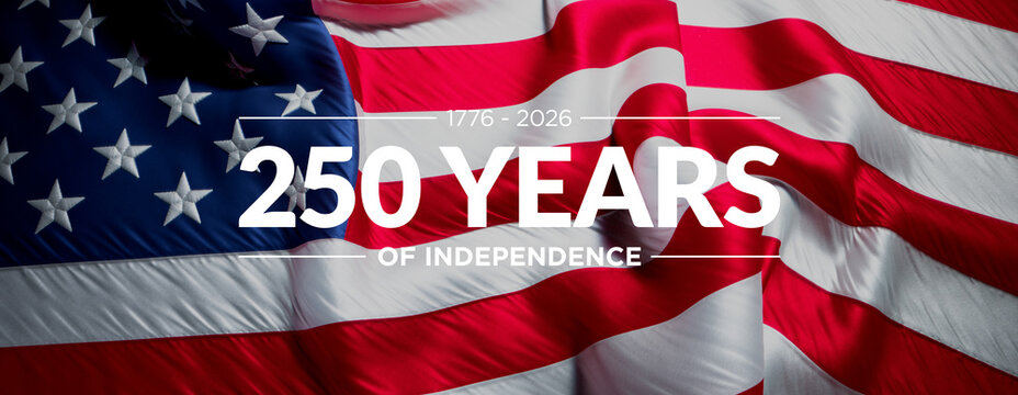Close-Up of Unfurled American Flag with Bold 250 YEARS OF INDEPENDENCE Text Celebrating 1776-2026, Featuring Detailed Texture and Vibrant Red, White, and Blue Colors