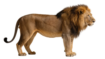 Majestic male lion with full mane standing profile, isolated on transparent background © Piotr