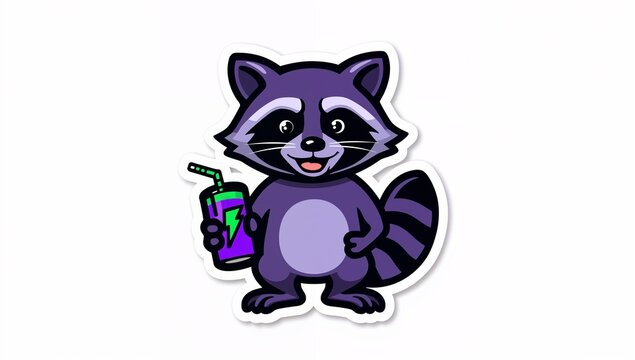 Cute cartoon raccoon holding green spray can in playful pose against white background