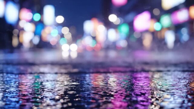 A Vivid Urban Scene Captured at Night, Showcasing a Rain-soaked Street Reflected with Colorful Lights and Bokeh Effects for a Dreamlike Atmosphere