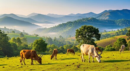 Obraz premium Cows Grazing in a Lush Green Field With Misty Mountains in the Background