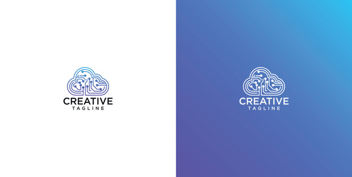 Modern cloud computing and network technology logo design featuring digital circuit connections for data storage and server connectivity solutions