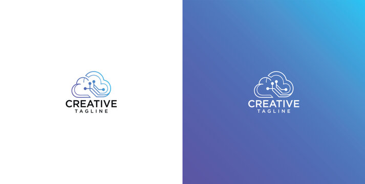 Creative cloud technology logo, cloud icon with circuitry and abstract digital network