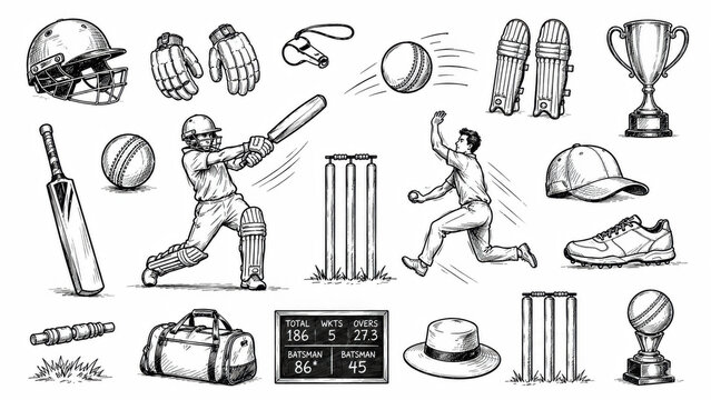 Set of black and white cricket sport icons and equipment illustrations