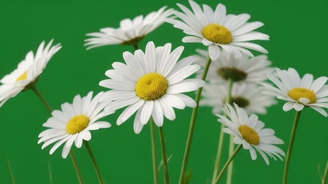 White daisy flowers against a green screen background for creative projects