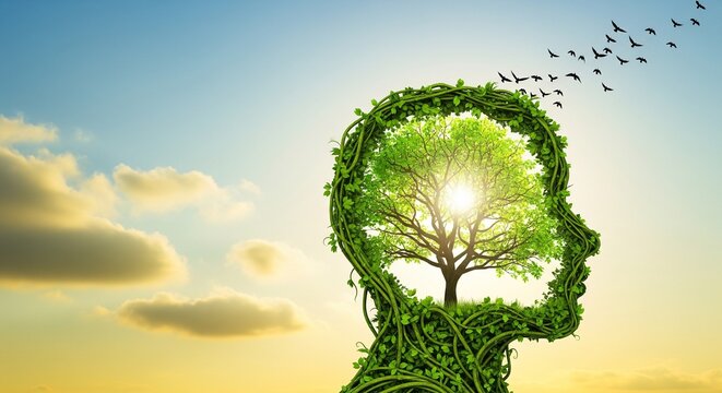 Human head silhouette shaped by tree branches and leaves for mental health
