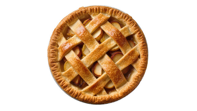 Golden brown lattice apple pie with baked crust, isolated on transparent background
