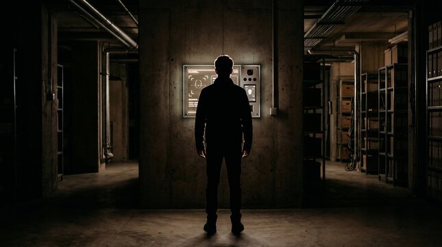 Silhouette of man using digital biometric face recognition scanner in dark room
