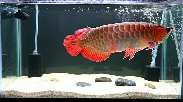 Vibrant Arowana Fish Swimming Gracefully In Circular Aquarium Surrounded By Rocks And Bubbles Creating A Serene Underwater Scene