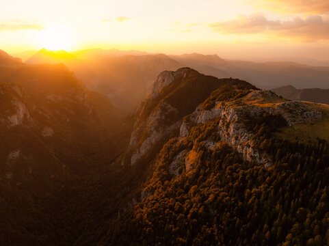 Sunset over Sutjeska National Park from Prijevor saddle, Bosnia and Herzegovina mountains with Bosanski Maglic the highest mountain in Bosnia and Herzegovina