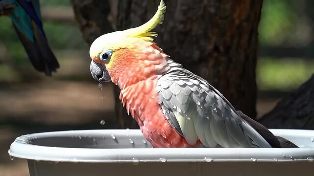 Vibrant Cockatoo Enjoying A Bath In A Shallow Tray Surrounded By Nature Captured In Stunning 4K Resolution