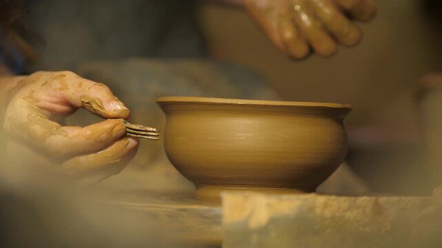 Woman pottery draws wavy line pattern on clay pot in workshop on pottery wheel.