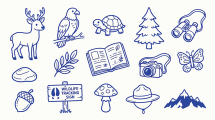 Collection of hand-drawn outdoor and nature icons including animals, plants, and equipment for exploration. © zainab
