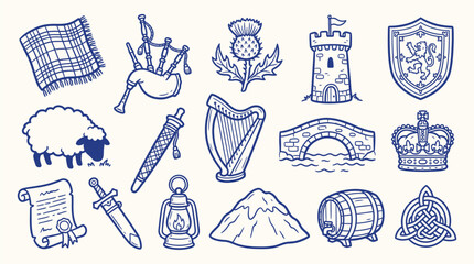 Collection of Scottish cultural icons and symbols, including a sheep, bagpipes, thistle, castle, and shield. © zainab