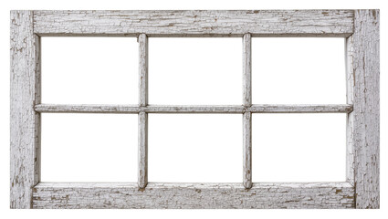 Fototapeta premium Rustic distressed white wooden window frame with six panes, isolated on transparent background