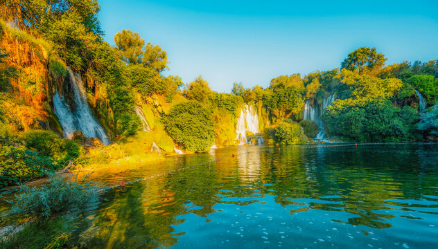Kravice Waterfalls on the Trebižat River, a natural amphitheater of cascading water and lush green nature near Ljubu&scaron;ki, Bosnia and Herzegovina.