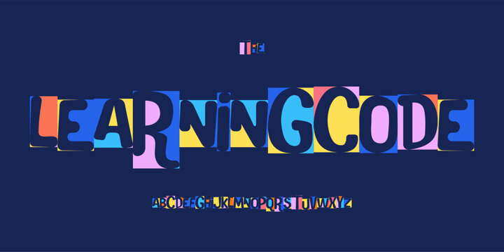 Learning Code colorful geometric font alphabet, playful coding letters for kids education logo, STEM course poster, school headline and digital class. Vector typographic design