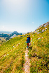 Fototapeta premium Sedlo Pass and Boljske Grede mountain massif in Durmitor National Park, Montenegro. Hiking in mountain from prevoj saddle to Sedlena greda