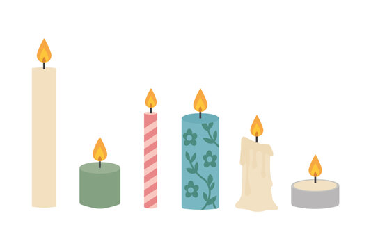 Candle icons and burning wax candle collection. Decorative, scented and ceremonial candles with glowing flames. Home decor, relaxation and celebration candle vector set.
