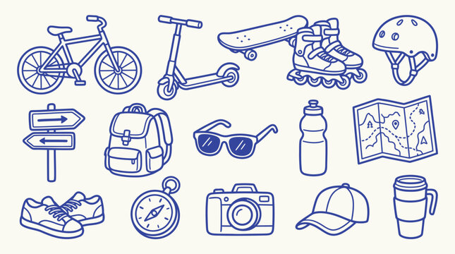 Collection of outdoor activity and travel icons, including a bicycle, scooter, skateboard, rollerblades, helmet, backpack, sunglasses, water bottle, map, compass, camera, cap, and travel mug.