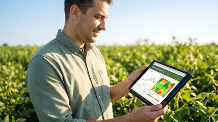 Fototapeta premium Male agricultural technician holding tablet displaying crop data analysis in green soybean field under clear blue sky during daytime